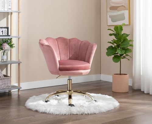 chairus Homeoffice Stuhl, Drehstuhl aus Samt Schreibtischstuhl höhenverstellbar Bürostuhl mit Blütenblatt-Rückenlehne, Vergoldeter Sockel Sessel für Schlafzimmer/Schminktisch,Rosa