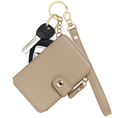 M-Plateau Wallet, Womens Wallet Leather Keychain Wallet With Zipper Coin Pocket ID Window Wrist Strap Gift Box (Khaki)