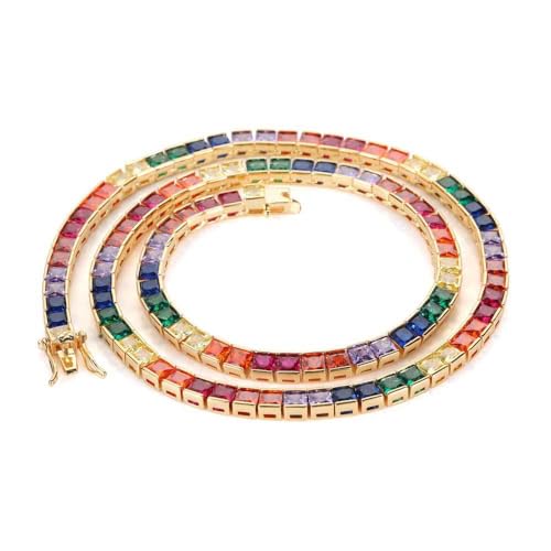 Rainbow Gemstone Tennis Chain Necklace for Men Women Hip Hop Jewelry Gift Gold Silver 16 18 20 22 24 Inches 4mm Colorful Square Zirconia Tennis Chain