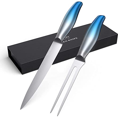 BECOKAY Carving Knife and Fork Set, High Carbon German Steel, 12" Meat Carving Knife and 11" Fork for Outdoor Camping Family Barbecue BBQ Turkey Gift, with Elegant Full Tang Handle (Blue) BECOKAY Carving Knife and Fork Set, High Carbon German Steel, 12" Meat Carving Knife and 11" Fork for Outdoor Camping Family Barbecue BBQ Turkey Gift, with Elegant Full Tang Handle (Blue)