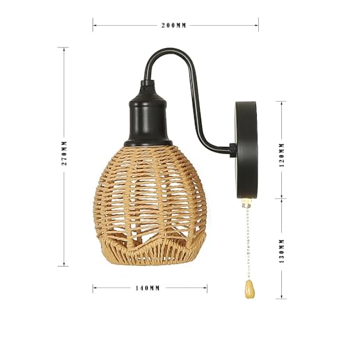 Image of Modern wall sconce,Pull Chain Wall Light,Hardwired wall Sconce with Switch,Pull Chain Sconce,Pull Chain Wall Light Fixture,Pll Chain Light Fixture,Wall Sconce with Switch (Black+Rattan shade)