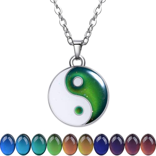 FM FM42 Temperature Sensing Color Changing Yin and Yang Tai Ji Pendant Necklace with 19.29" Stainless Steel Rolo Chain ZN1302