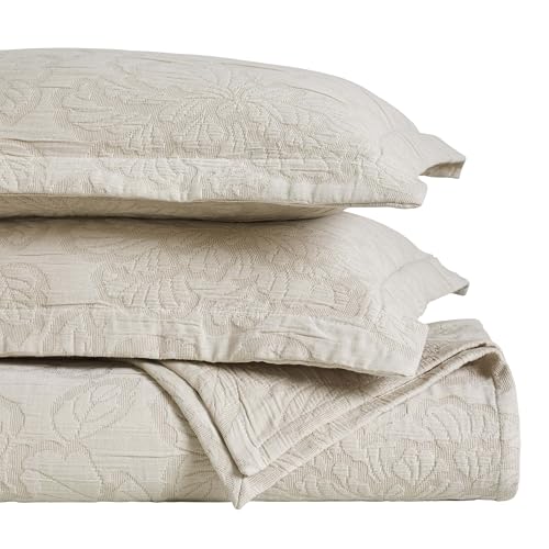 Superior 3 Piece Cotton Bedspread Set, Home Decor, Decorative Bed Spread, 2 Pillow Shams, Medium Weight Blanket, Matelasse Coverlet, Bedding Essentials, Hibiscus Collection, California King, Beige