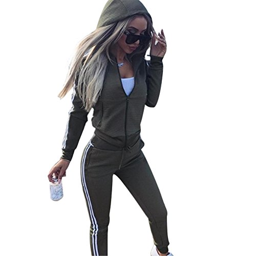Cutecc Casual 2 Pieces Athletic Outfits Zip up Hooded Jacket and Long Sweatpants Sportswear Tracksuit Set (M/US 8-10) Green