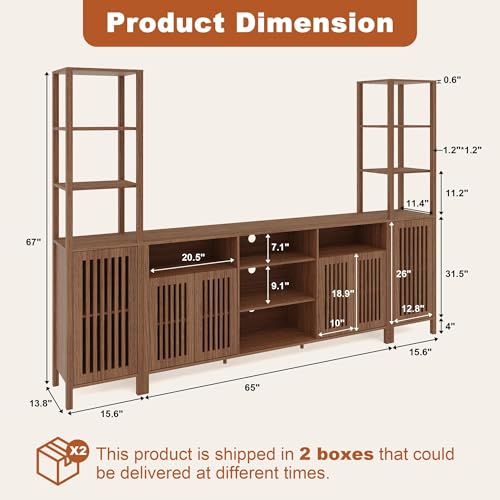 Image of Farmhouse Rustic TV Stand for TVs Up to 70 Inch, Entertainment Center with Bookshelves & Storage Cabinet, Multi-Purpose Media Console for Living Room or Bedroom