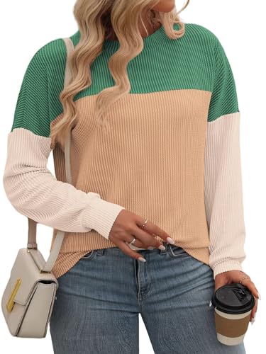 Image of Plus Size Tops for Women Fall Casual Striped Ribbed Shirts Loose Fit Long Sleeve Tunic Green Orange XL