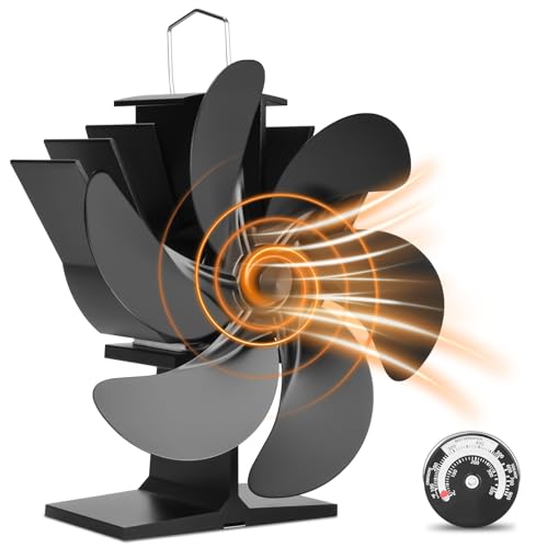 Nigecue Kaminventilator Ohne Strom, Ofenventilator mit 6 Blättern für Kaminofen, Leiser Betrieb Wärmebetriebener Ventilator mit Thermometer, Effiziente Wärmeverteilung für Holzbrenner und Kamin