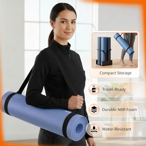 Image of Amazon Basics NBR Yoga & Exercise Mat with Carrying Strap | 10 mm Thick Cushioned Support | Non-Slip Textured Surface | Durable Foam Rubber Material | Floor Protection | Ideal for Yoga, Pilates & Home Workouts | 183 x 61 cm | Blue