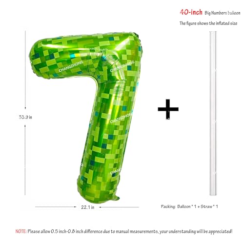 Image of 40 inch giant Green pixel miner game number 7 balloon | Large mining theme foil balloon 0-9 for pixel game parties children's birthdays party anniversary baby shower decoration