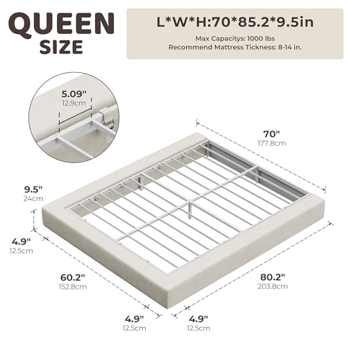 Image of RECCI AirFrame Queen Bed Frame, Cloud Upholstered Platform Bed Frame, 5 Inch Fully Boxy Foam Cushioned, Square Shape Base, No Box Spring Needed, Easy Assembly | Beige Chenille, Soft Low-Profile