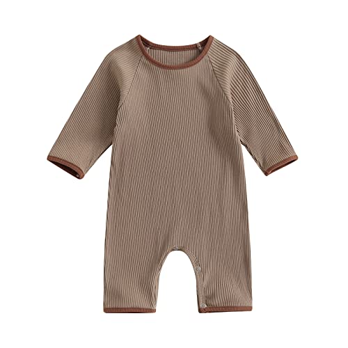 Image of Ynibbim 0-12 Months Newborn Unisex-Baby Fall Jumpsuit Infant Cute Round Neck Long Sleeve Contrast Color Ribbed Romper Outfits