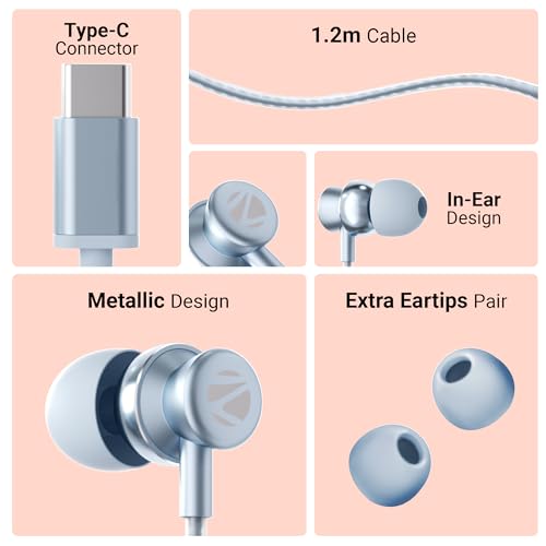 ZEBRONICS Buds C10 in Ear Type-C Wired Headphones with in-Line Mic, Metallic Design, Volume Control, 1.2M Cable, 10Mm Driver, (Light Blue) ZEBRONICS Buds C10 in Ear Type-C Wired Headphones with in-Line Mic, Metallic Design, Volume Control, 1.2M Cable, 10Mm Driver, (Light Blue)