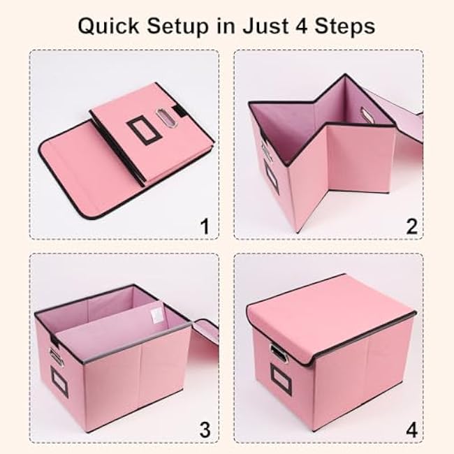 File Storage Box with Lid, Foldable Large Capacity Organizer with Handle, Perfect for Home, Office, and Closet Organization(Pink)