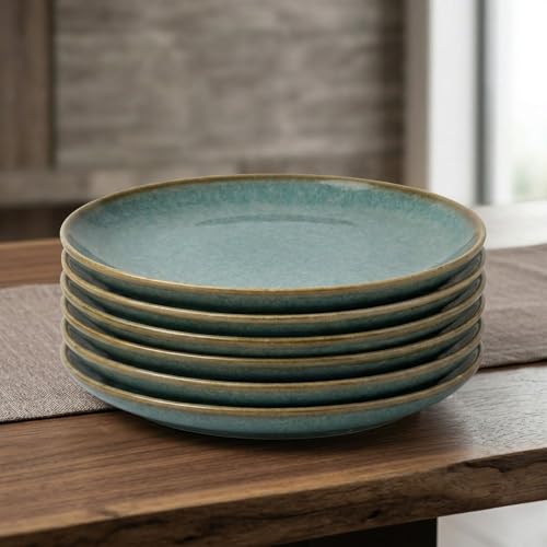 Image of Freakway Handcrafted Stoneware Ceramic Dinner Plates, Teal Reactive Glaze, 25.4 cm, Microwave & Dishwasher Safe, Set of 6
