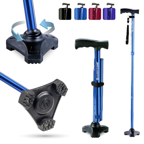 HurryCane Freedom Edition Foldable Walking Cane With T Handle - Enhanced Mobility Support - Patented SteadiGrip Base - Adjustable Height - Lightweight Foldable Design - Blue