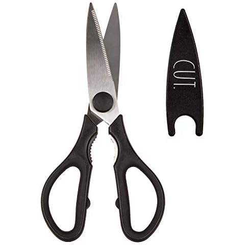 Rae Dunn Kitchen Scissors- Stainless Steel Kitchen Shears, Cooking Scissors for Cutting Meat, Chicken, Herbs and Produce with Blade Cover and Soft Grip Handles (Black) Cover