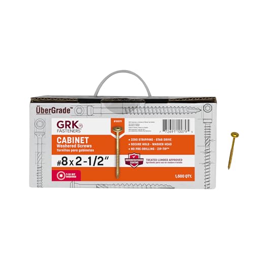 GRK Fasteners #8 x 2-1/2 Inch Low-Profile Cabinet Screws, 1500 PCS, Indoor/Outoor Climatek Coating, Washer Head for Strong Hold, W-Cut Fast Drive Threads, Star Drive Recess, Gold