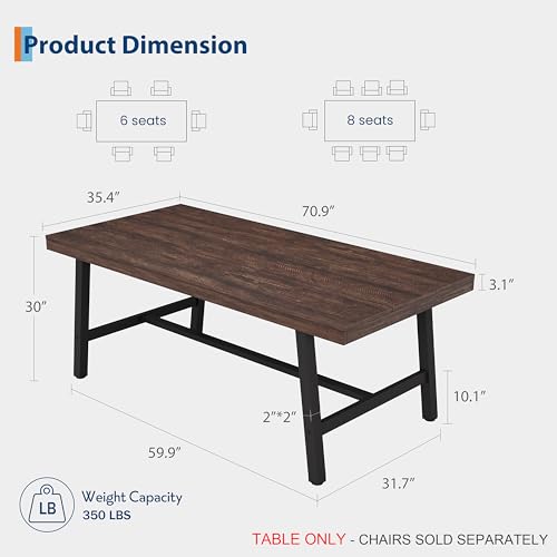 Image of GarveeHome Industrial Dining Table for 6-8 People, 70.87 inch Long Kitchen Table with Sturdy Metal Frame, Rectangular Counter for Dinner, Kitchen, Dining Room (Rustic Birch, 71 inch Non-extendable)