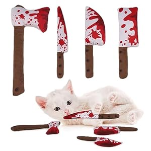 EXPAWLORER Halloween Cat Catnip Toys- 4 Psc Interactive Stuffed Knife Cat Nip Toy for Indoor Cats, Bite Resistant Chew Toys Teeth Cleaning Gift for Kitten