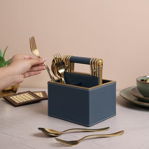 Image of HOME 360 Woven Pattern Leather Spoon Stand | Cutlery Stand with 4 Divider 18X16X13 CM | Use for Dining table| Organize Spoons | Forks | Cutlery | Home Decor | Spoons Holder | Cutlery Holder | Blue