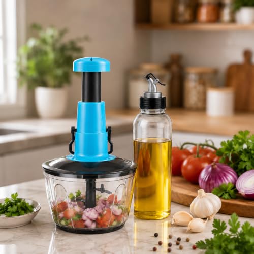 Image of 2-in-1 Kitchen Combo: Manual Vegetable Chopper with Oil Dispenser Bottle, Sharp Blade Cutter for Onion, Tomato & Garlic