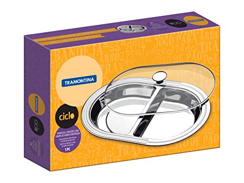 Tramontina 61525454 Travessa 2 Divisões Aço Inox com Tampa de Vidro, Prata, 450 X 310 mm