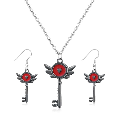 Hazbin Necklace Earrings Hazbin Merch Inspired Jewelry Heart Wing Key Necklace Earrings for Women Men Costume Cosplay