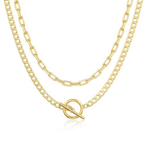 CHESKY Layered Necklaces for Women, 14K Gold Plated Chain Necklace Trendy Cuban Link Paperclip Chain Toggle Clasp Necklace Fashion Chunky Jewelry Accessories for Women