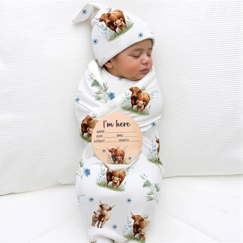 Image of Ylsteed Baby Highland Cow Swaddle Blanket and Headband Set, Newborn Receiving Blanket Swaddle Wrap for Girls and Boys, Swaddling Blankets Neutral for Newborn 32 * 32 in (Highland Cow Blue)