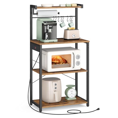 Image of VASAGLE Kitchen Bakers Rack with Power Outlet, Coffee Bar 4-Tier with 8 S Hooks, Microwave Stand, Adjustable Shelf, for Small Spaces, Rustic Brown and Ink Black UKKS014K01V1