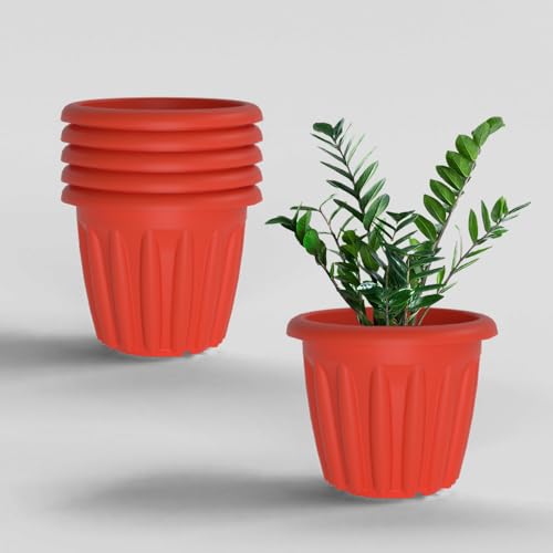 Image of YUCCABE ITALIA SHERA Floot 10 Inch Plastic Flower Pot 6 Piece Set of Round Shape Planter for Home Garden Seedling Planter for pots (Red)