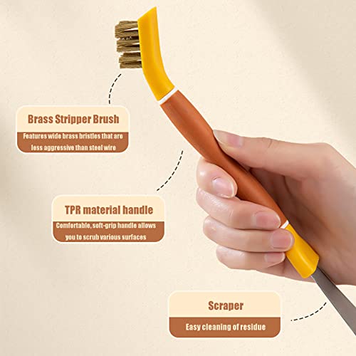 Image of Copper Wire Brush with Scraper - 2-in-1 Dual-Head Cleaning Tool for Kitchen, Bathroom, Garage and More - Ergonomic TPR Handle (Yellow)