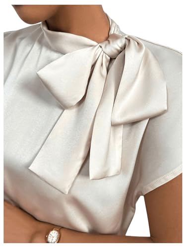 Milumia Women's Bow Tie Mock Neck Cap Sleeve Satin Blouse Office Shirts4