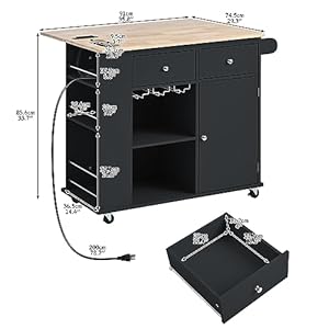 Kitchen Island, Kitchen Carts on Wheels with Storage Drop Leaf Power Outlet Drawer Cabinet Counter Rubberwood Top, (Black) Kitchen Island Kitchen Carts on Wheels with Storage Drop Leaf Power Outlet Drawer Cabinet Counter Rubberwood Top Black