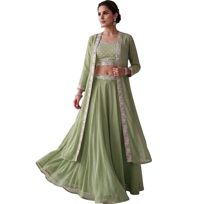 Women's Black Embroidered Lehenga Choli with Long Jacket | Ethnic Flared Lehenga Set with Designer Blouse and Open Front Shrug for Wedding, Festive & Traditional Occasions-image-36