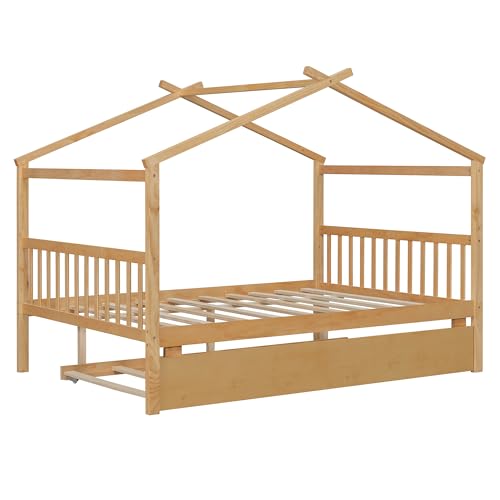 Image of Full Size Creativity House Bed with Roof Frame and Twin Size Trundle, Montessori Wooden Platform Bed with Sturdy Slats Support for Kids Teens Girls Boys, No Box Spring Needed (Natural-02, Full)