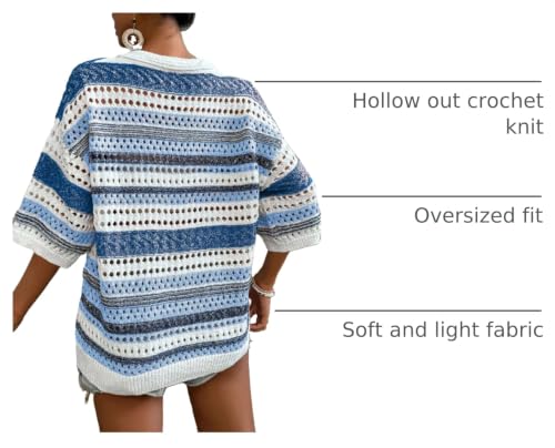 Image of Acelitt Crochet Tops for Women Summer Short Sleeve Sweater | Boho Striped Knit Top, 3 /4 Sleeve, Hollow Out Oversized Sweaters, Lightweight Blouses, Spring Fall Outfits for Beach Vacation