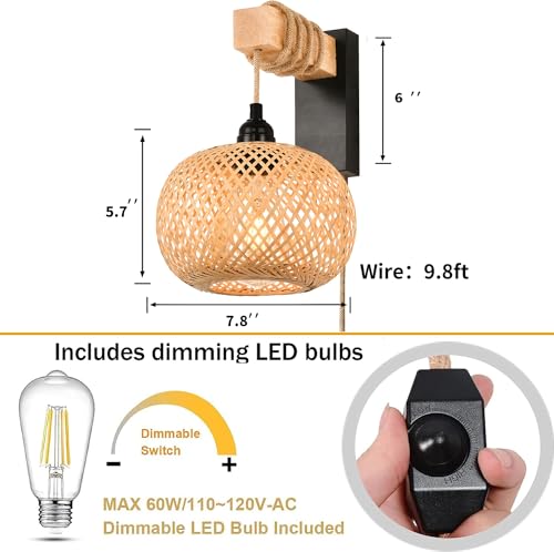 Zecoxol 0-01 Rattan Wall Sconces Set Of Two Plug In,Farmhouse Plug In Wall Sconces Hand Woven Bamboo Wall Light Fixtures thumb #3