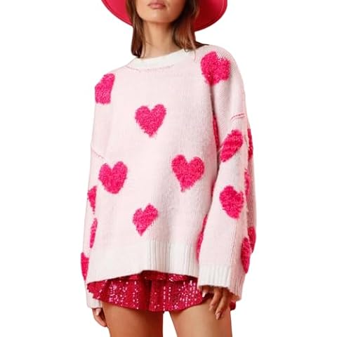Women's Cute Heart Sweater Crewneck Long Sleeve Oversized Love Sweaters Pullover Tops Valentine's Day Knit Sweatshirts (Creamy Pink, L) Cover