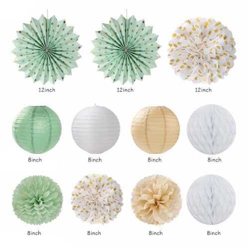 Image of Champagne-Gold White Sage-Green Women Birthday Decorations Huglony | 21pcs Boho Party Happy Banner,Streamers,Paper Lanterns,Pom Poms Fans 13th 18th 21st 30th 40th 50th 60th Birthday Backdrop