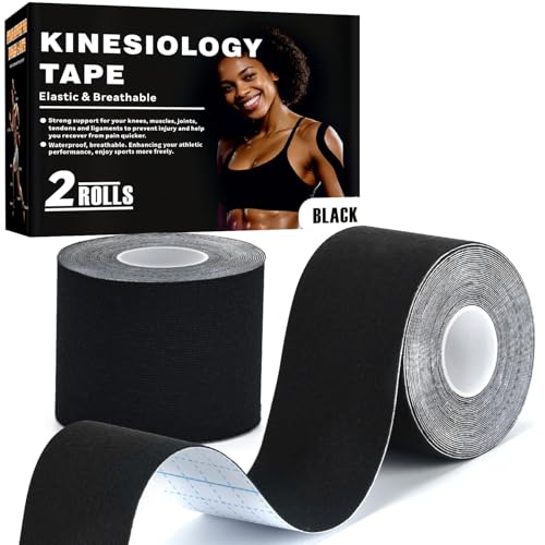 Kinesiology Tape for Knees & Shoulder - 2 Rolls Elastic Athletic Sports Tape for Knee Pain Relief, Muscle Strain Relief, Joint Support & Plantar Fasciitis, Waterproof, Breathable & Zero Latex, Black