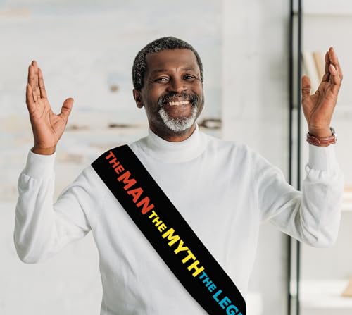 The Man The Myth The Legend Sash – Black Satin with Red, Yellow & Blue Foil Print – Funny Birthday, Retirement, Bachelor Party Accessory – Adjustable, Premium Quality Celebration Sash3