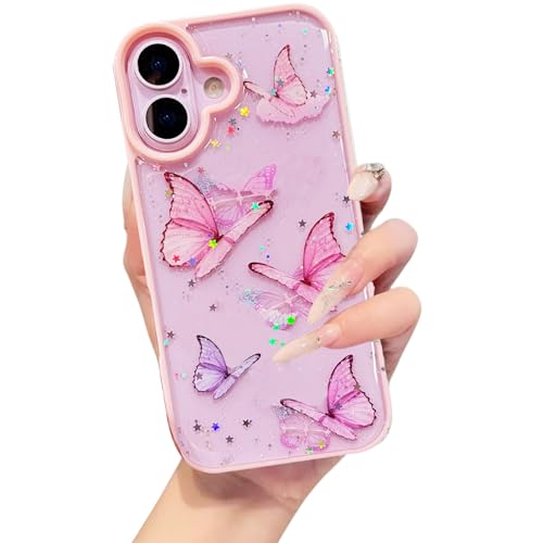 Image of VONZEE Glitter Butterfly Transparent Case Compatible with iPhone 17, Sparkly Bling Clear Back Cover, Soft TPU Shockproof Protection, Slim Stylish Protective Phone Case for Women & Girls (Pink)
