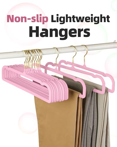 Image of Felt Hangers Pink Velvet Hangers, Cute Pants Hanger, 20 Pack Chic Hangers | 360 Rotatable Golden Hanger for Jean Slack Closet, Anti-Slip Lightweight Padded Slim Space Saving Flocked Trouser Hangar
