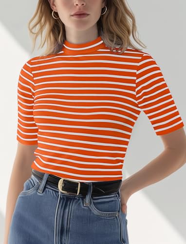 Zengjo Short Sleeve Turtleneck Women Striped T Shirt,Ribbed Mock Neck Top2
