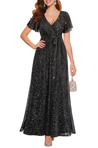 Pinup Fashion Black Formal Dresses for Women Evening Gowns Gala Prom Long Wedding Guest Elegant Sequin Sparkly Maxi Dress with Sleeves