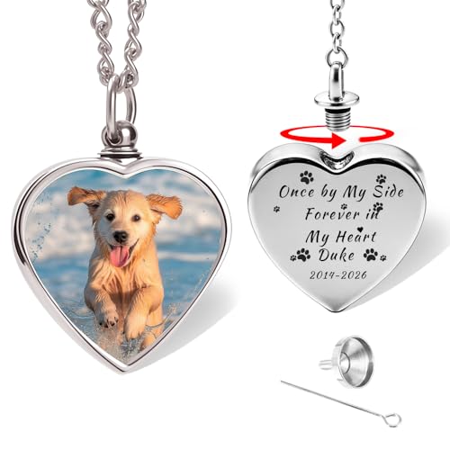QYH Personalized Ashes Necklace for Dog or Cat Custom Heart Urn Necklaces for Ashes with Photo Engraved Stainless Steel Cremation Memorial Gifts for Pet Loss (Necklace01)