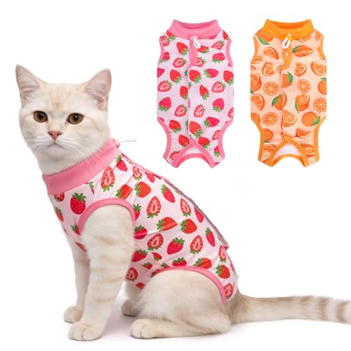 Image of BEAUTYZOO Cat Surgery Recovery Suit, Female Spay, Male Neuter, 2 Pack | Onesie for Cats After Surgery, Anti Licking Wounds, Cone of Shame Alternative, Surgical Recovery Anxiety Vest, Strawberry M