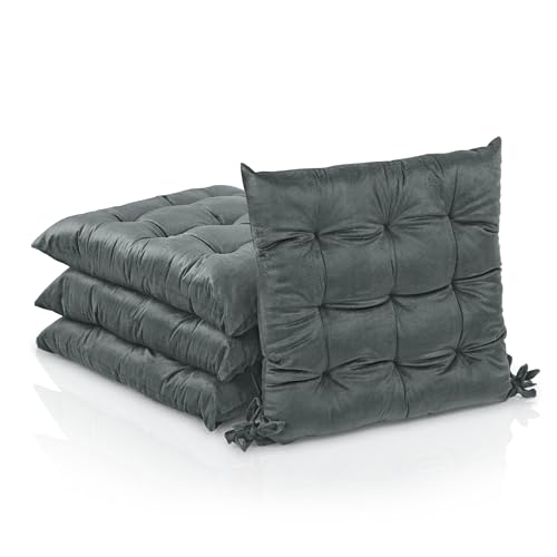 Image of Kuber Industries 4 Pcs Heavy Velvet 16 Inch Chair Pad Cushion with Drawstrings for Dining, Office & Home | Soft Seat Pad | Support for Long Sitting | Grey