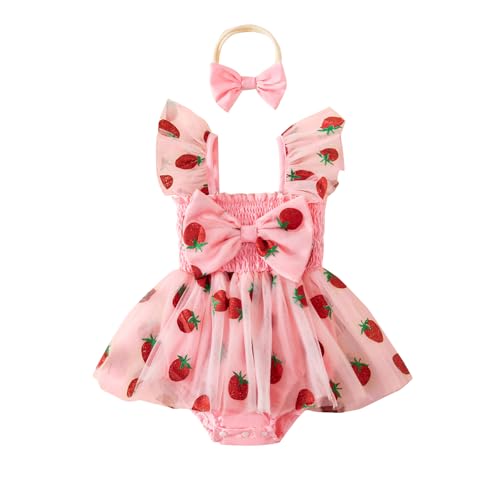 PUHHAPIEY Baby Girl Clothes Summer Outfit Newborn Strawberry Bow Ruffle Sleeveless Tulle Romper Dress Cute Infant Onesie (Pink, 3-6 Months)